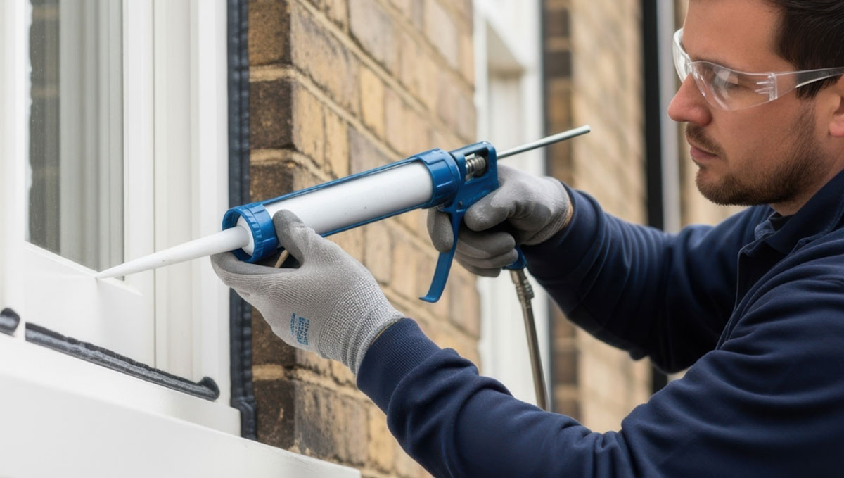 image showing a dedicated maintenance team member sealing a window